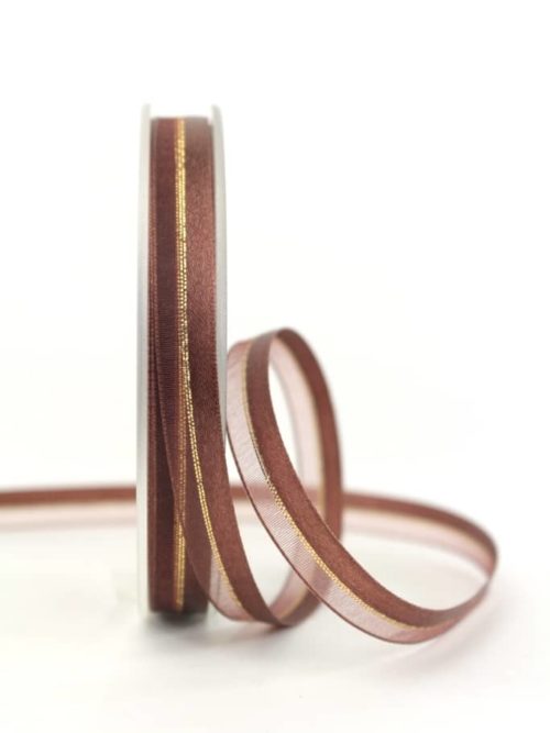 organza ribbon with satin strip chocolate brown, 10 mm