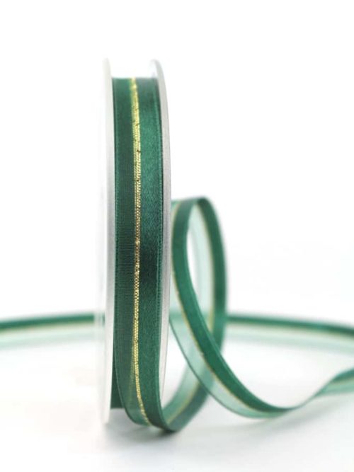 organza ribbon with satin stripes dark green , 10 mm