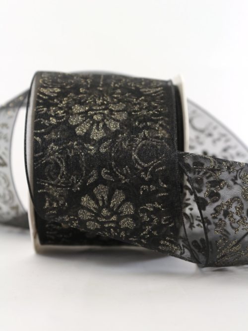 organza ribbon glitter ornament, black, 70 mm with wire edge
