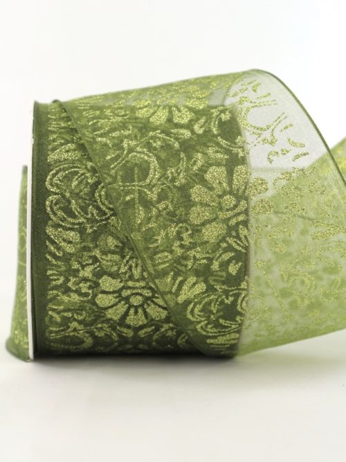 organza ribbon glitter ornament, green, 70 mm with wire edge