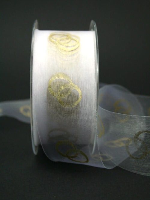 organza ribbon with golden rings, white, 40 mm wide