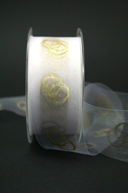 organza ribbon with golden rings, white, 40 mm wide