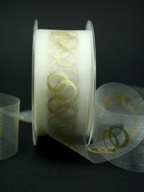 organza ribbon with golden rings, cream, 40 mm wide