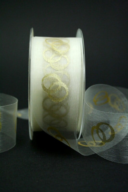 organza ribbon with golden rings, cream, 40 mm wide