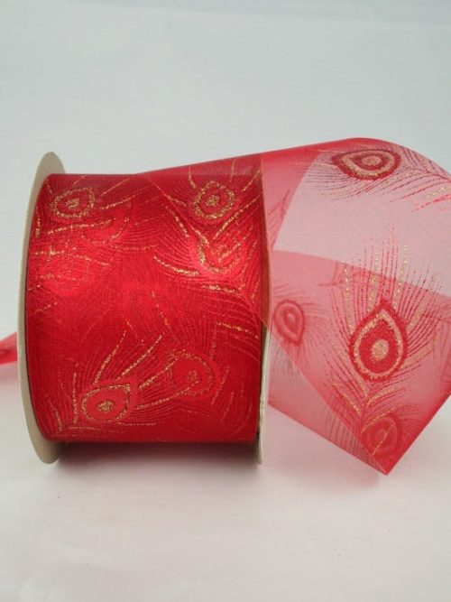 Wide organza ribbon with golden peacock feather, red, 60 mm