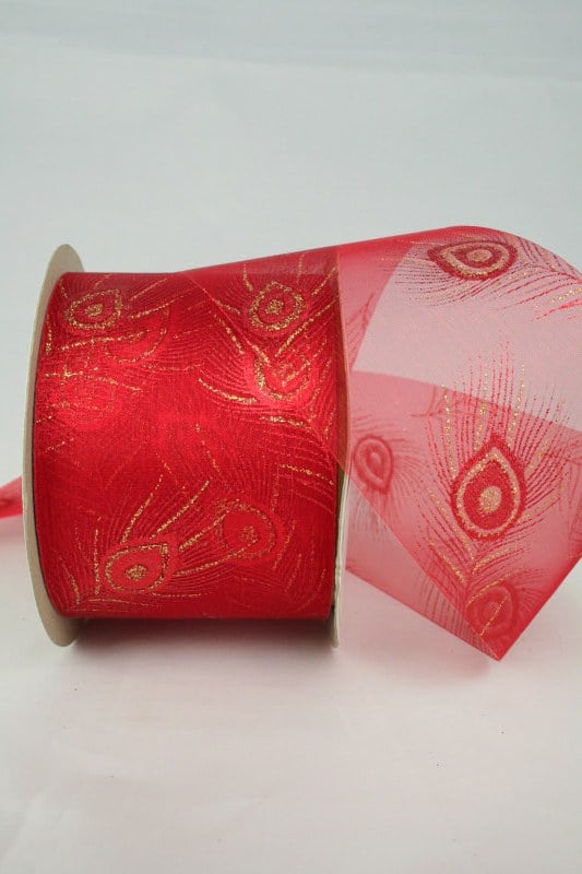 Wide organza ribbon with golden peacock feather, red, 60 mm