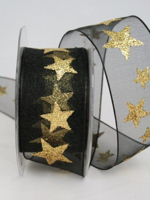 organza ribbon with golden stars, black, 40 mm