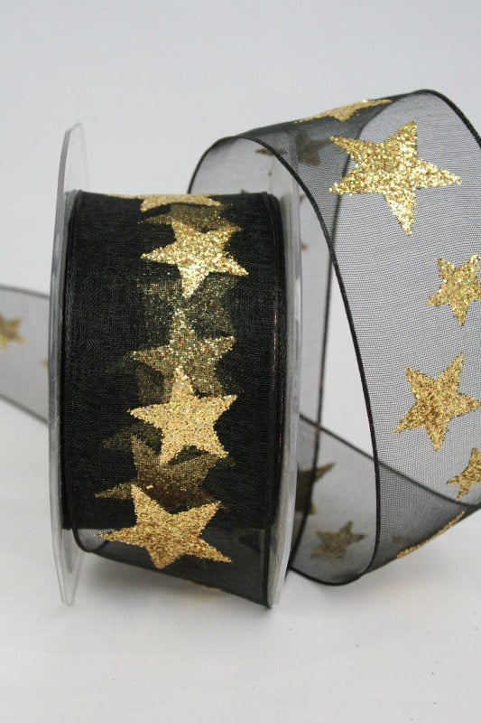 organza ribbon with golden stars, black, 40 mm