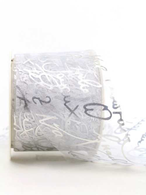 Organza ribbon Christmas greetings, white, 70 mm