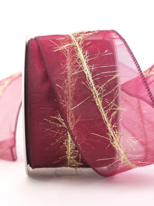 organza ribbon with gold fringes, bordeaux, 60 mm