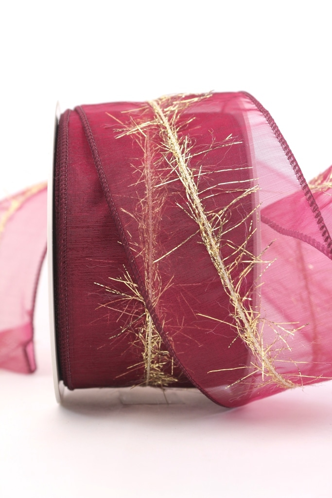 organza ribbon with gold fringes, bordeaux, 60 mm