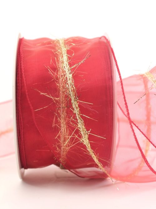 Organza ribbon with gold fringes, red, 60 mm