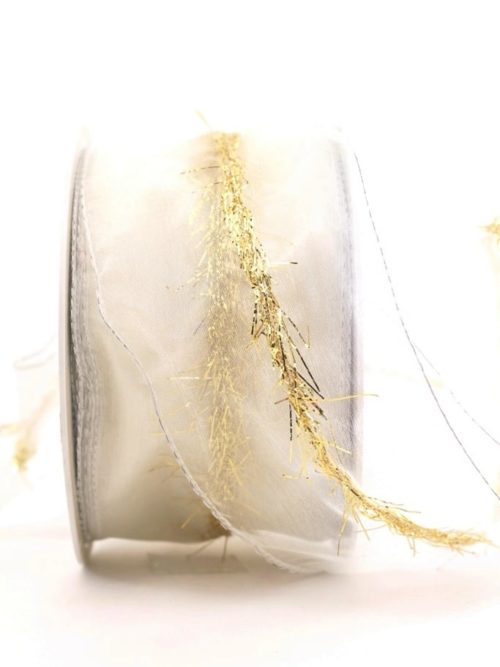 organza ribbon with gold fringes, white, 60 mm