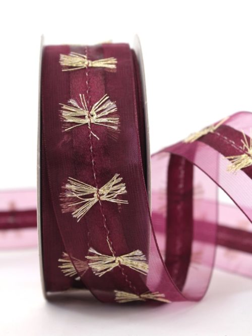 organza ribbon with gold fringes, bordeaux, 40 mm