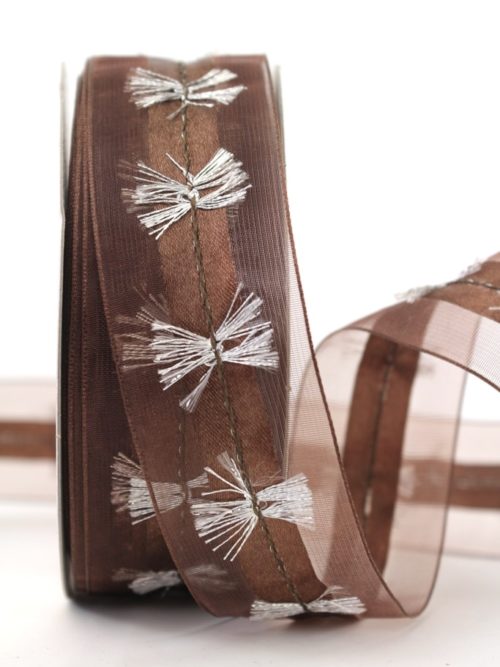 organza ribbon with silver fringes, brown, 40 mm