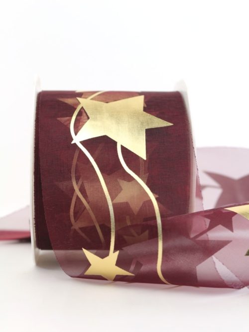 organza ribbon with golden stars, bordeaux, 70 mm
