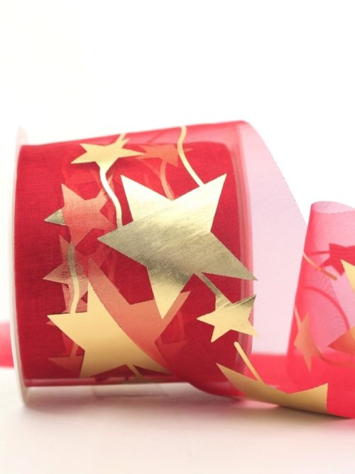 organza ribbon with gold stars, red, 70 mm