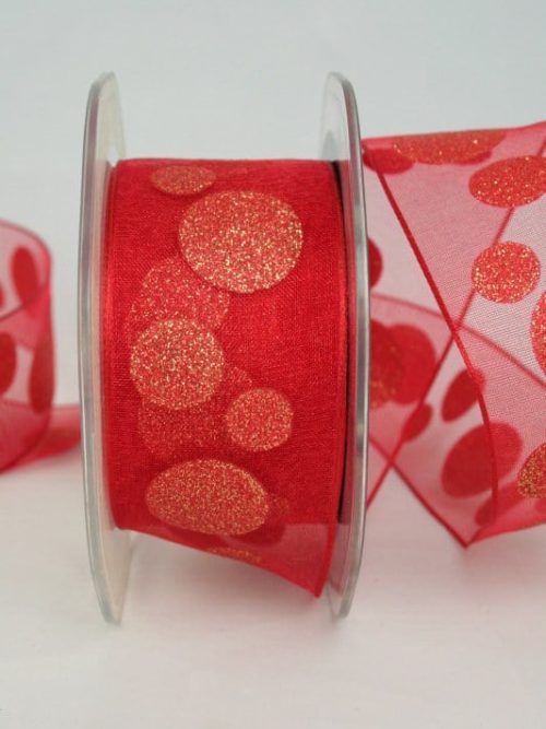 organza ribbon with glittering circles, red-gold, 40 mm