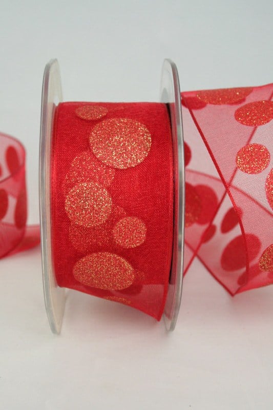 organza ribbon with glittering circles, red-gold, 40 mm