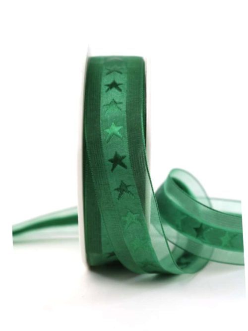 organza band green with stars, 25 mm wide