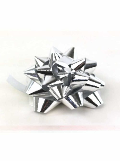 Polyband rosette, silver metallic, 60 mm large, 25 pieces