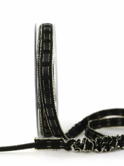 Decorative ribbon reps/satin black-gold, 15 mm wide