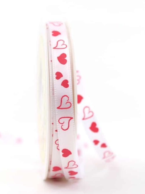 Satin ribbon with red hearts, 10 mm wide