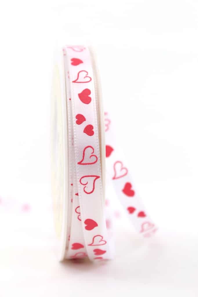 Satin ribbon with red hearts, 10 mm wide