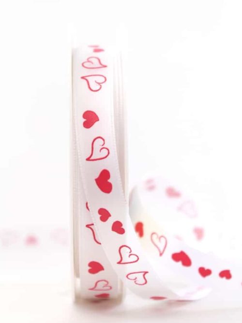 Satin ribbon with red hearts, 15 mm wide