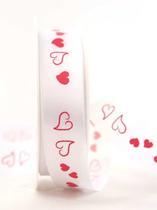 Satin ribbon with red hearts, 25 mm wide