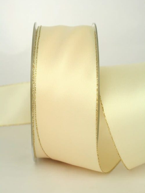 Satin ribbon with gold edge, 40 mm wide, creme