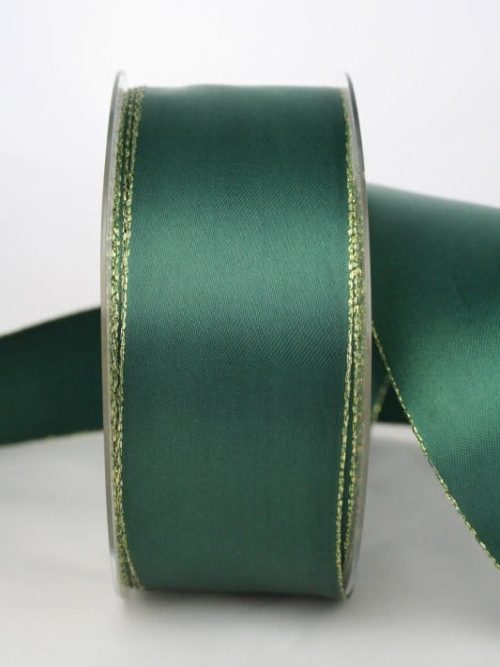 Satin ribbon with gold edge, 40 mm wide, dark green