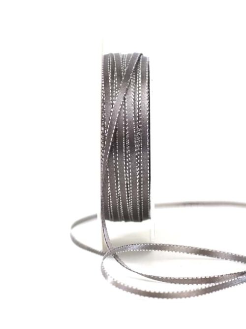 Narrow satin ribbon taupe with silver edge, 3 mm wide