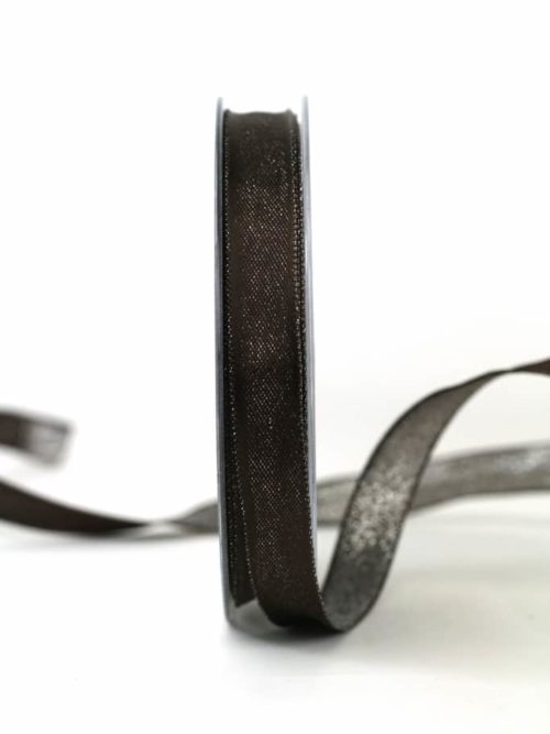 Two-sided satin ribbon brown-silver, 15 mm wide