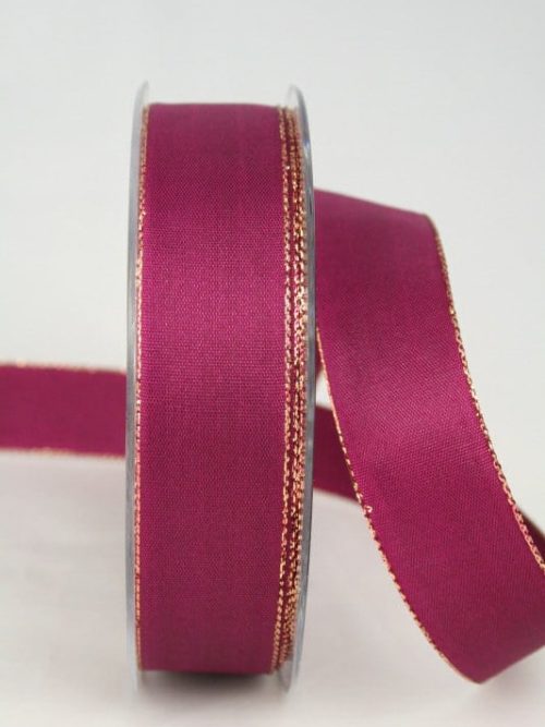 Uni taffeta ribbon with gold edge, 25 mm wide, raspberry