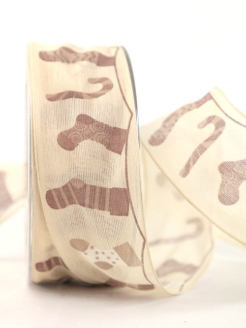 Gift and decorative ribbon Santa boots, brown, 40 mm with wire