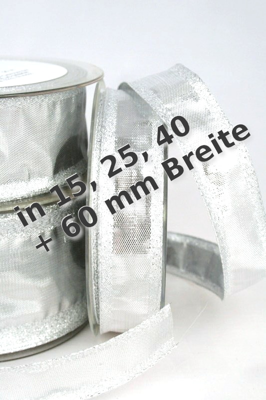 Silver ribbon in 15, 25, 40 and 60 mm, with wire edge