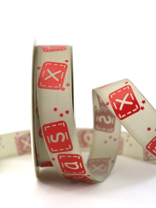 Gift ribbon XMAS, taupe-red, 25 mm wide