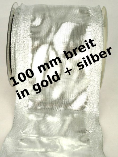 Wide gold and silver ribbon in 100 mm width, with wire edge