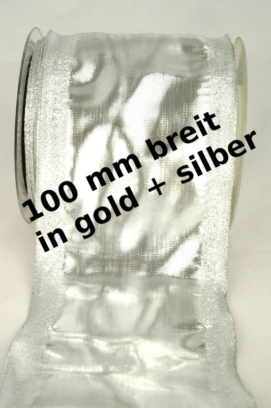 Wide gold and silver ribbon in 100 mm width, with wire edge
